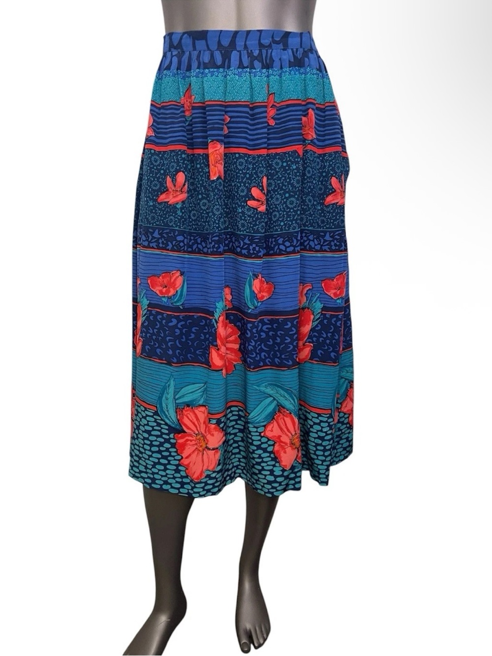 Carole Little St. Tropez West Silk Skirt Women’s 27 Blue Red Floral Midi A-line